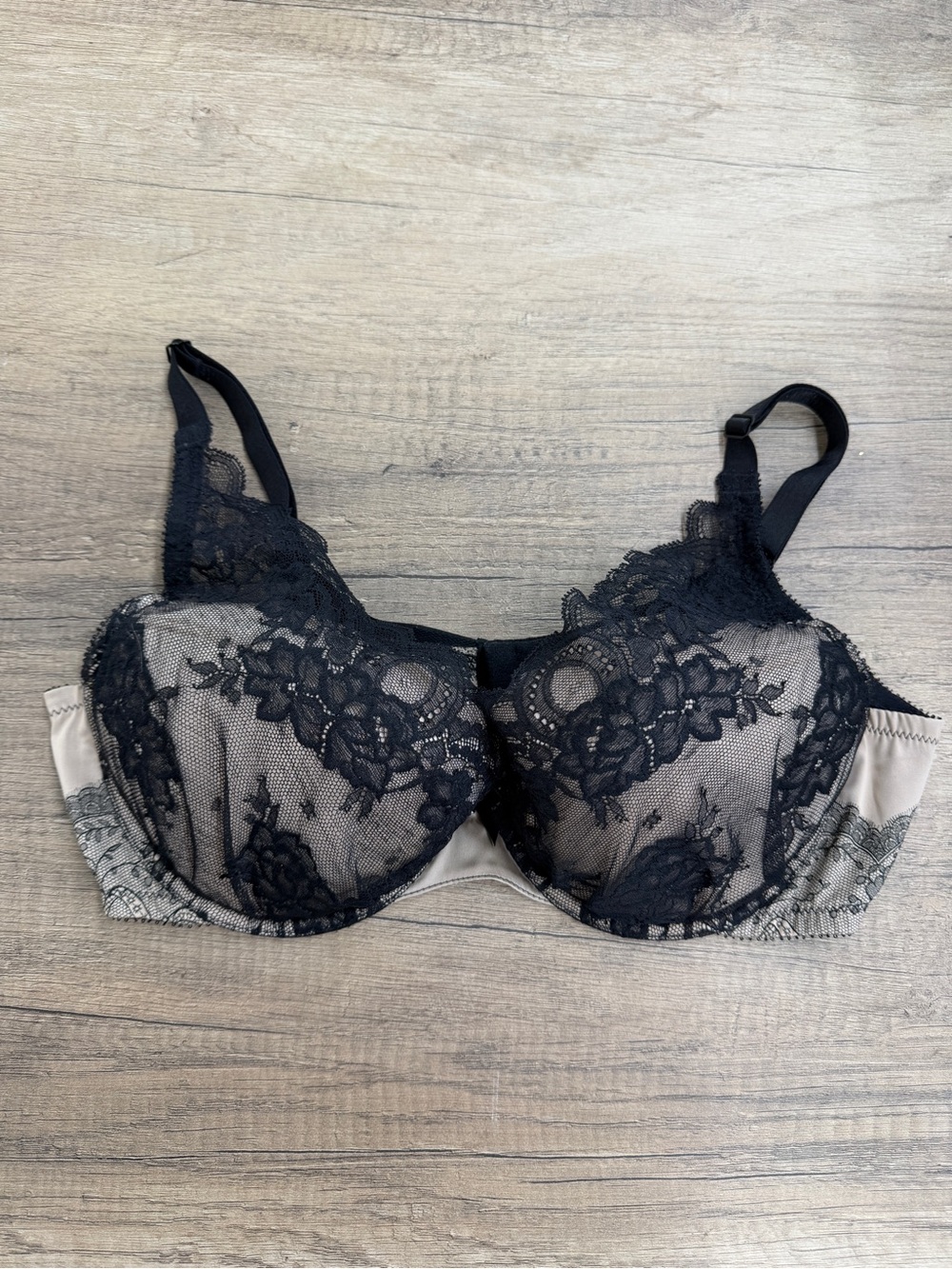 Chantelle Black Lace Overlay Bra with Nude Base 36DD